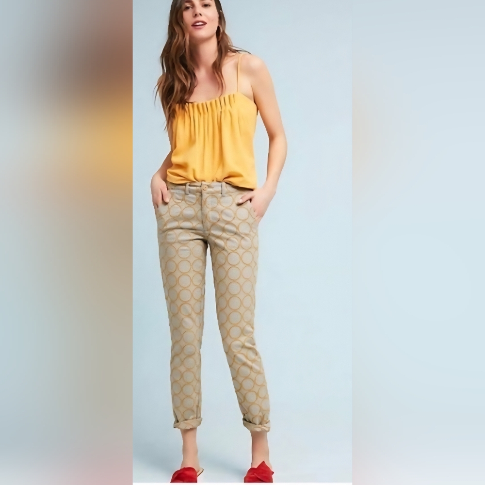 Anthropologie Circle Embroidered Chino Pants  Khaki. Casual funky